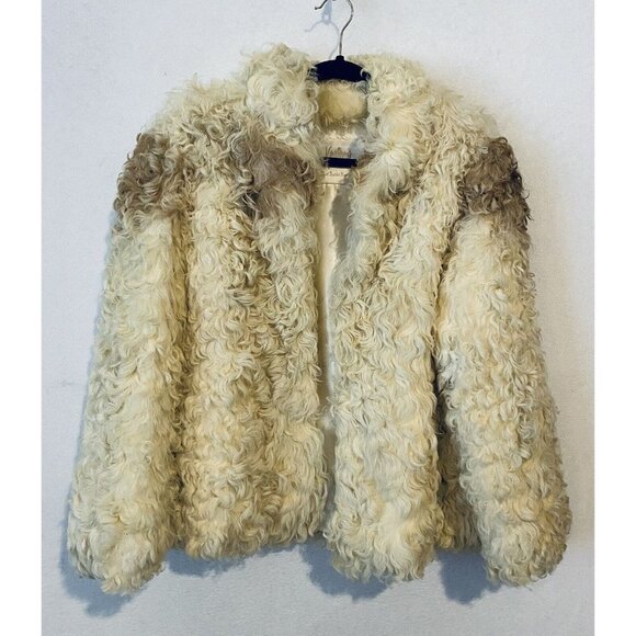 Koslows Coat Womens Medium Cream Mongolian Curly Lambs Fur Boho Shaggy VIntage
